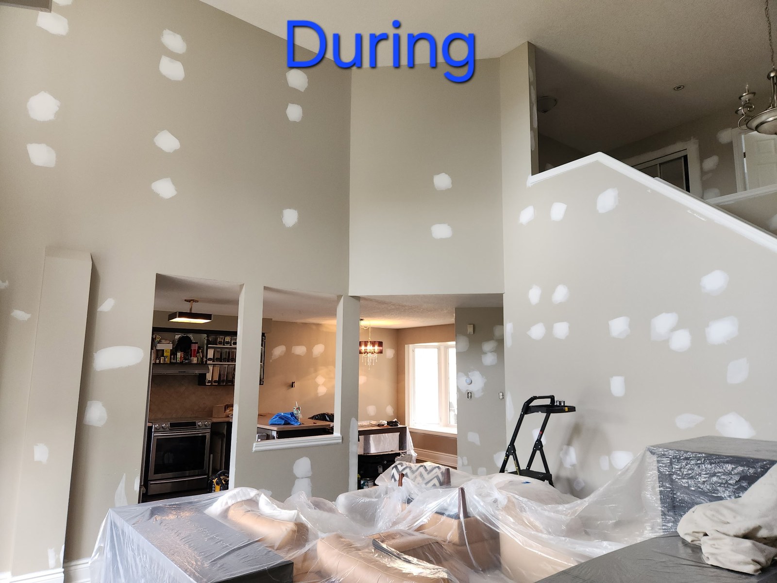 Living area during wall repair, filling and surface preparation